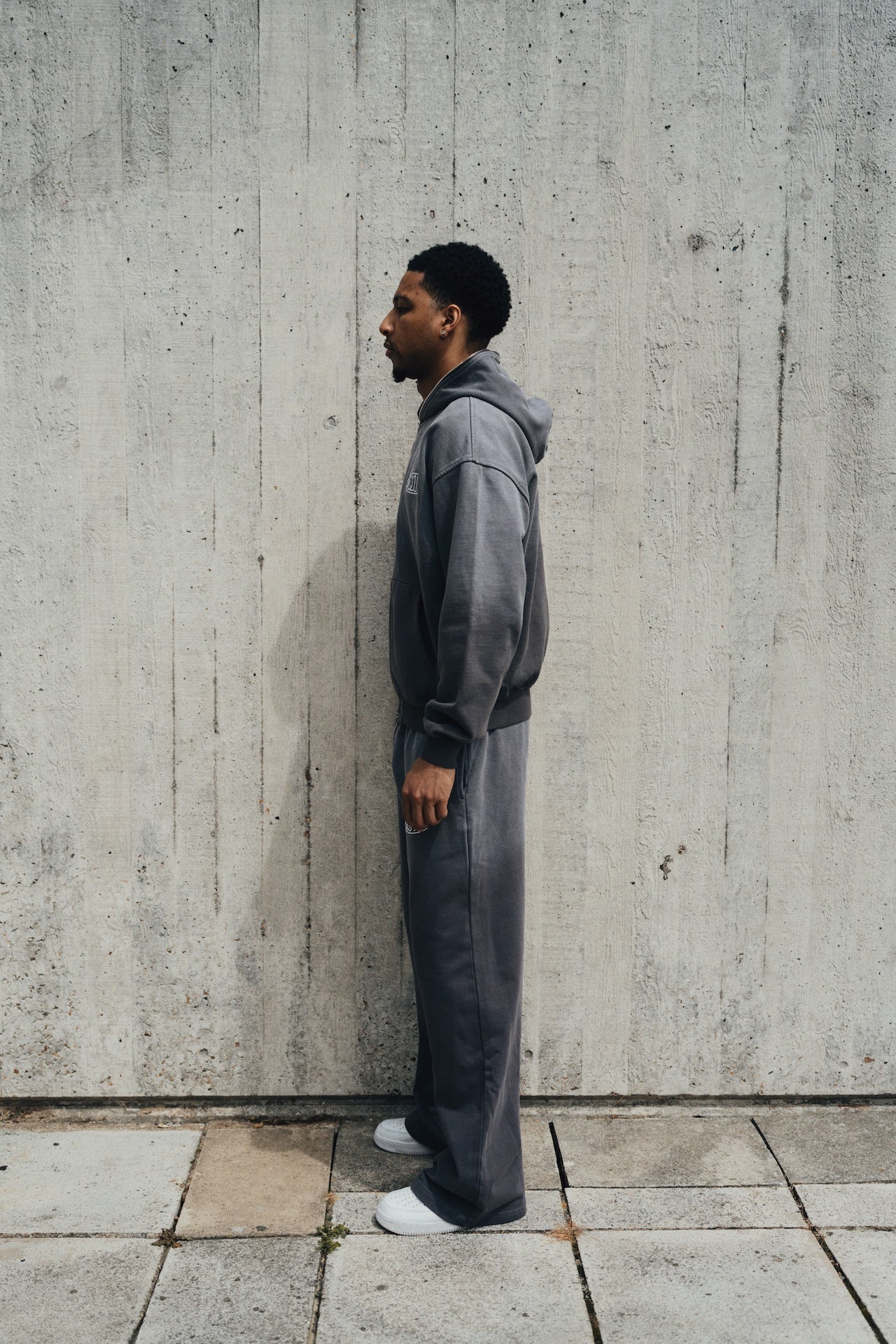 1Deluxe Grey Fade tracksuit worn as a full set - straight leg joggers and hoodie