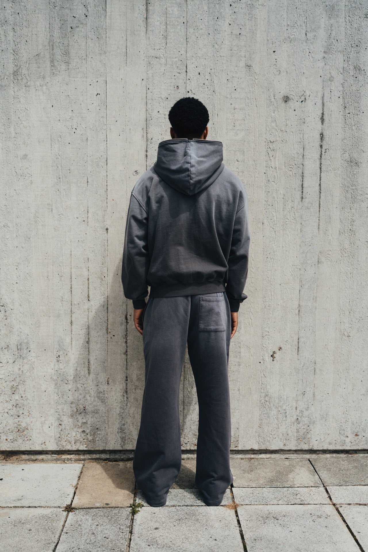 Side view of 1Deluxe Grey Fade Joggers showing relaxed straight leg fit